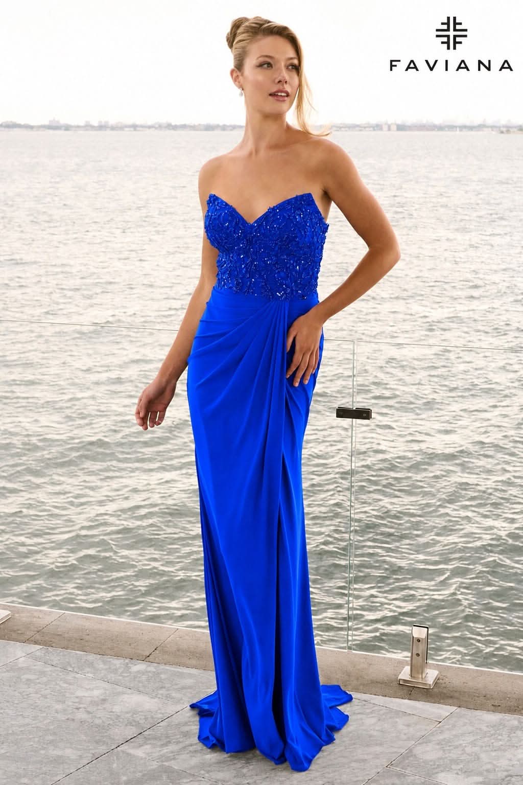 Strapless Mesh Beaded Corset Gown With Wrapover Skirt | 11636