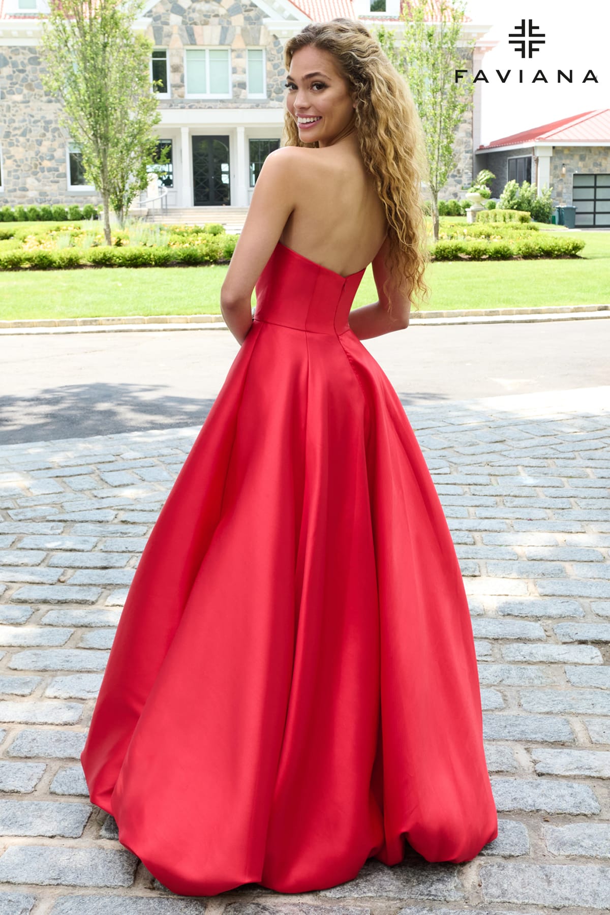 Strapless Mikado Bubble Hem Gown With Leg Slit And Pockets  | E11670