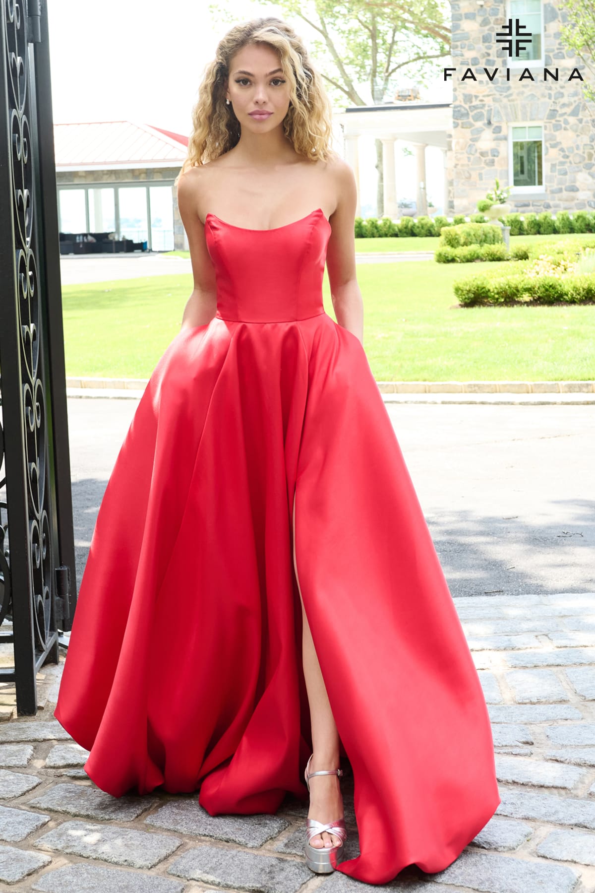 Strapless Mikado Bubble Hem Gown With Leg Slit And Pockets  | E11670