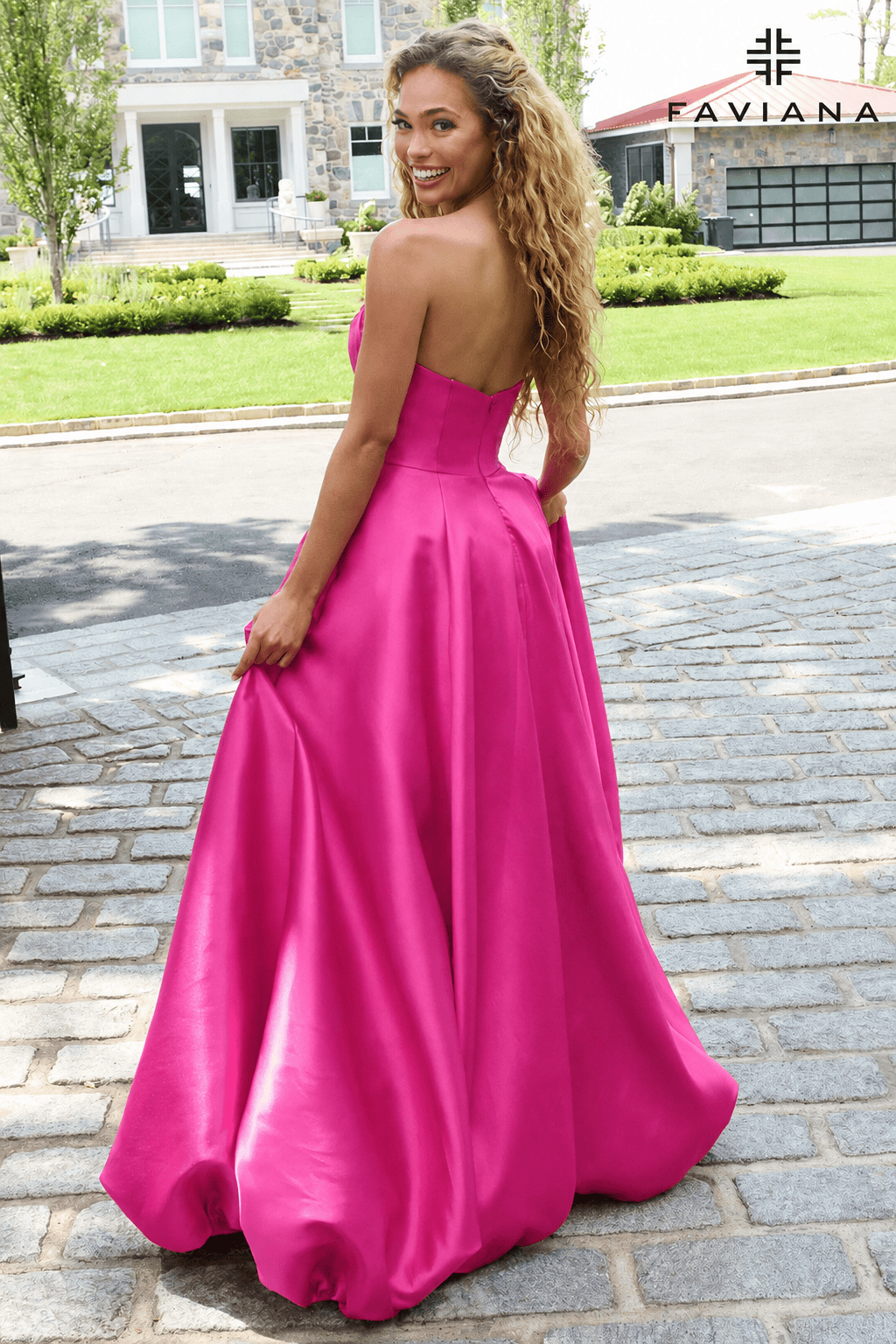 Strapless Mikado Bubble Hem Gown With Leg Slit And Pockets  | E11670