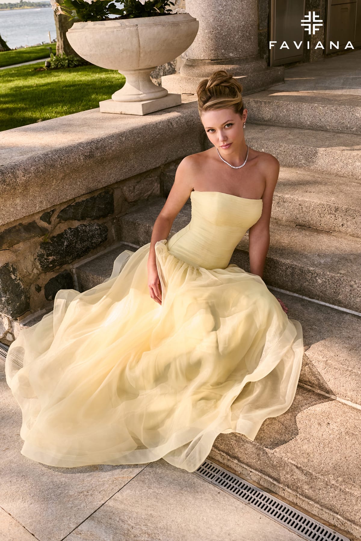 Strapless Organza Gown With Drop Waist And Draped Trim Skirt | 11668