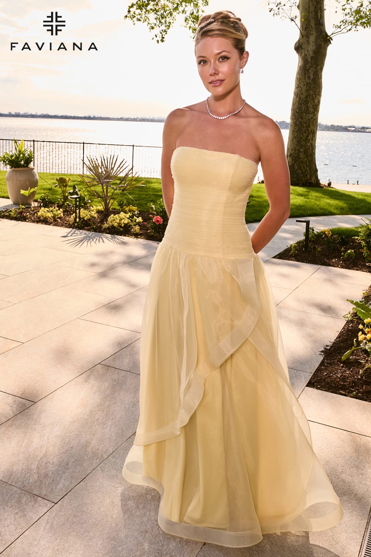 Strapless Organza Gown With Drop Waist And Draped Trim Skirt | 11668
