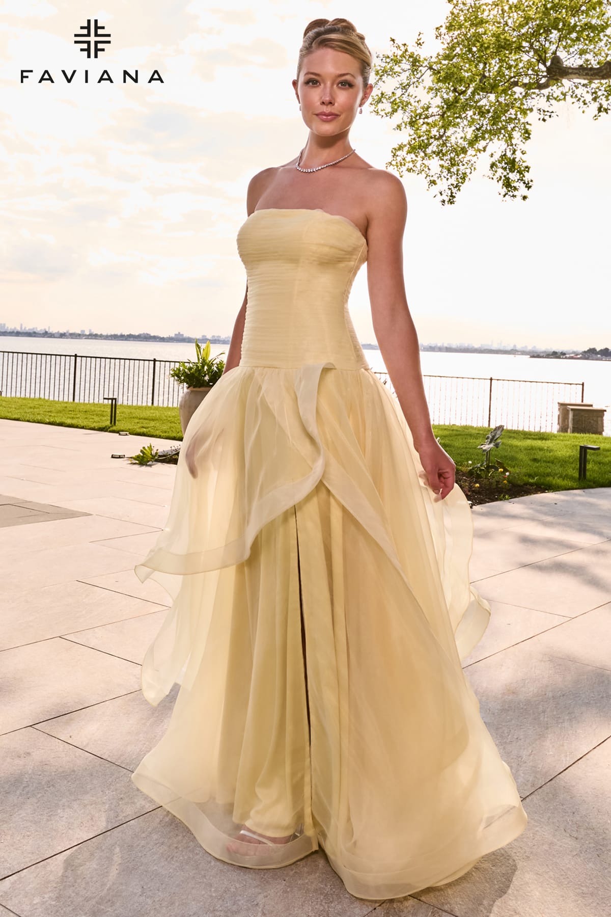 Strapless Organza Gown With Drop Waist And Draped Trim Skirt | 11668