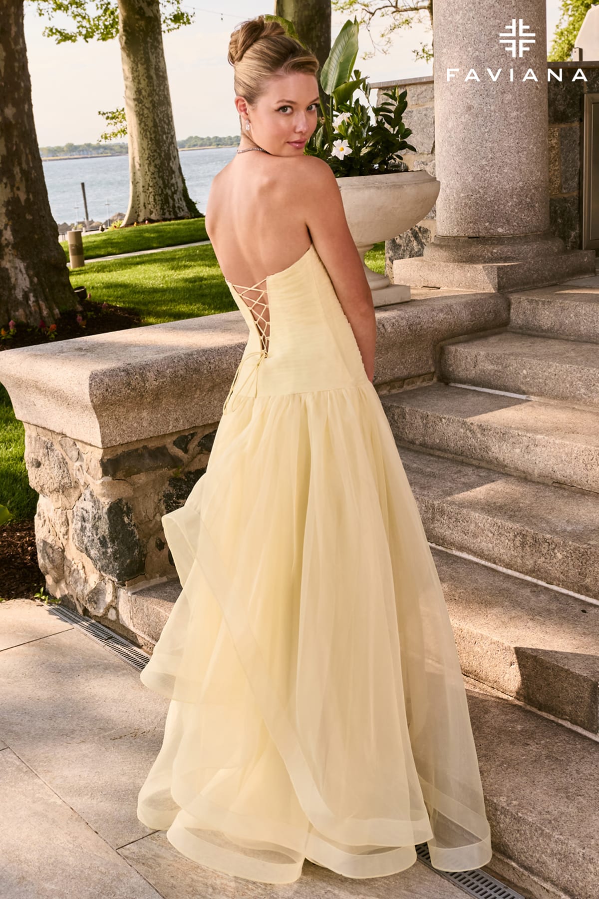 Strapless Organza Gown With Drop Waist And Draped Trim Skirt | 11668