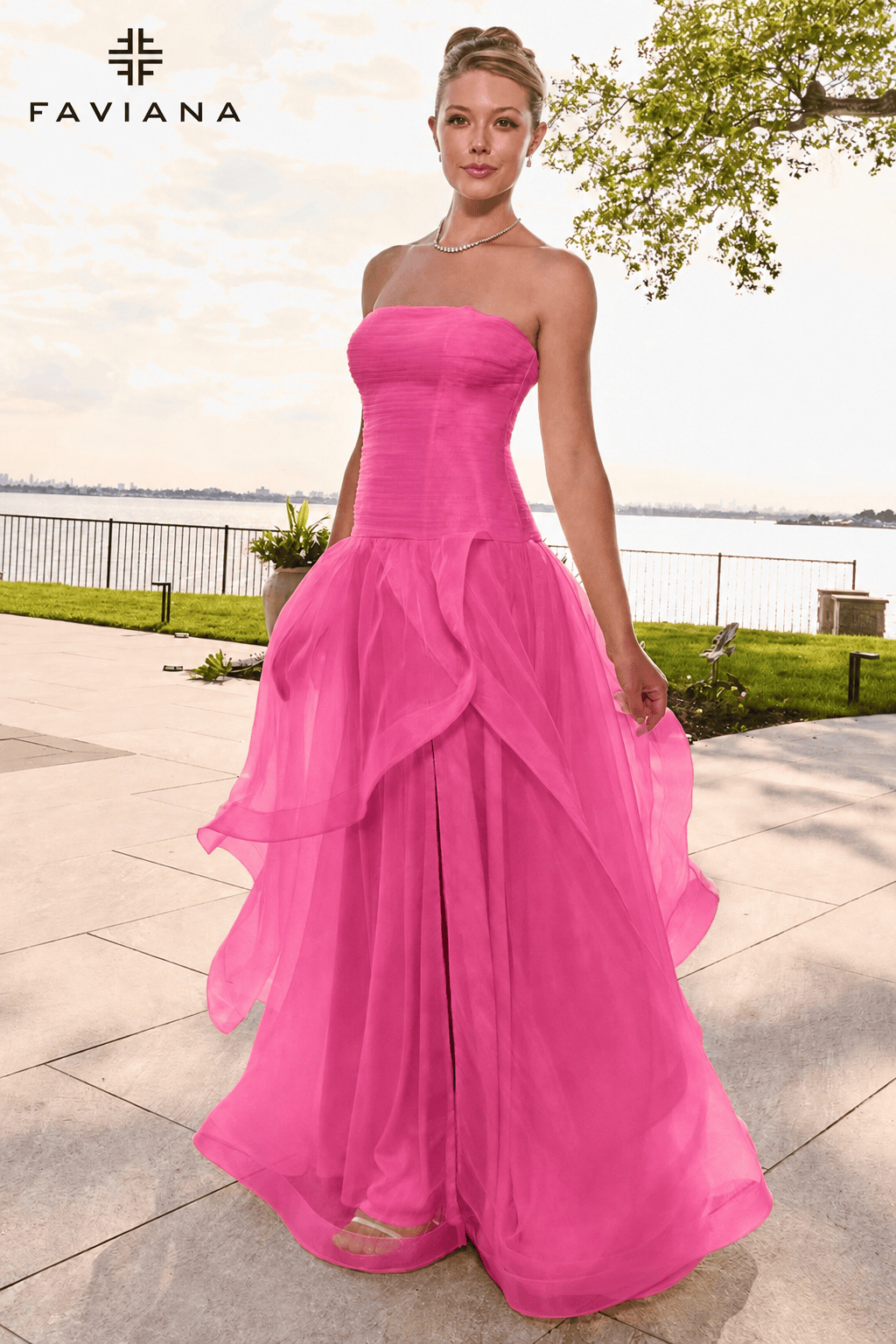 Strapless Organza Gown With Drop Waist And Draped Trim Skirt | 11668