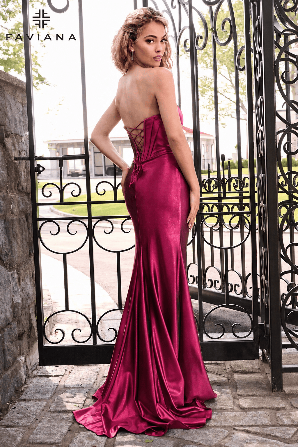 Strapless Satin Corset Long Dress With Pleated Skirt  | E11632