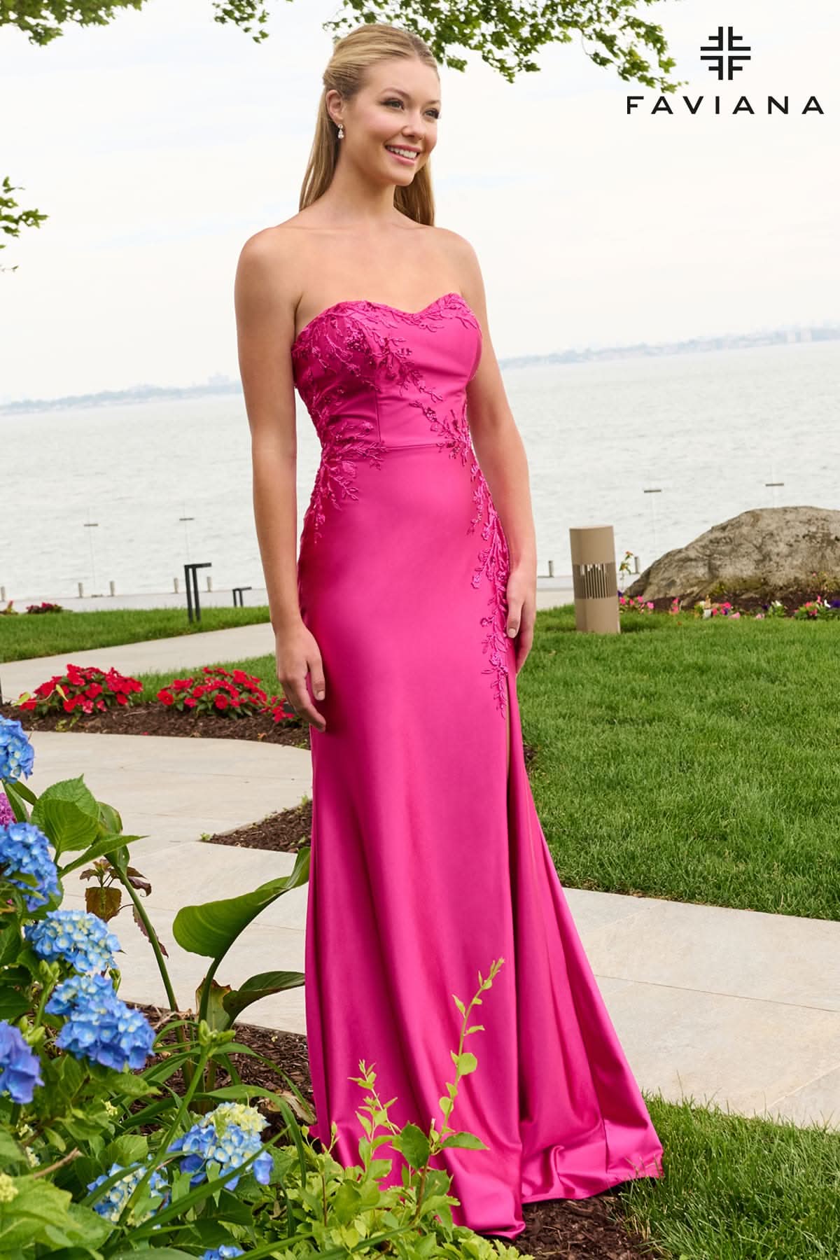 Strapless Satin Dress With Asymmetrical Floral Beaded Detail | 11647