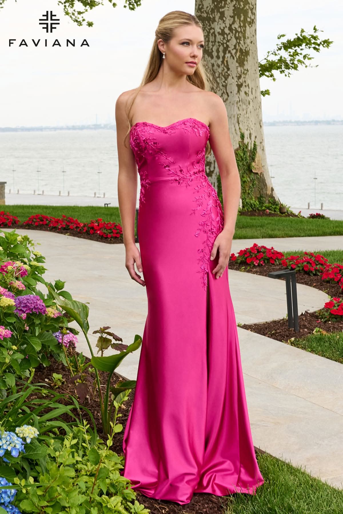 Strapless Satin Dress With Asymmetrical Floral Beaded Detail | 11647