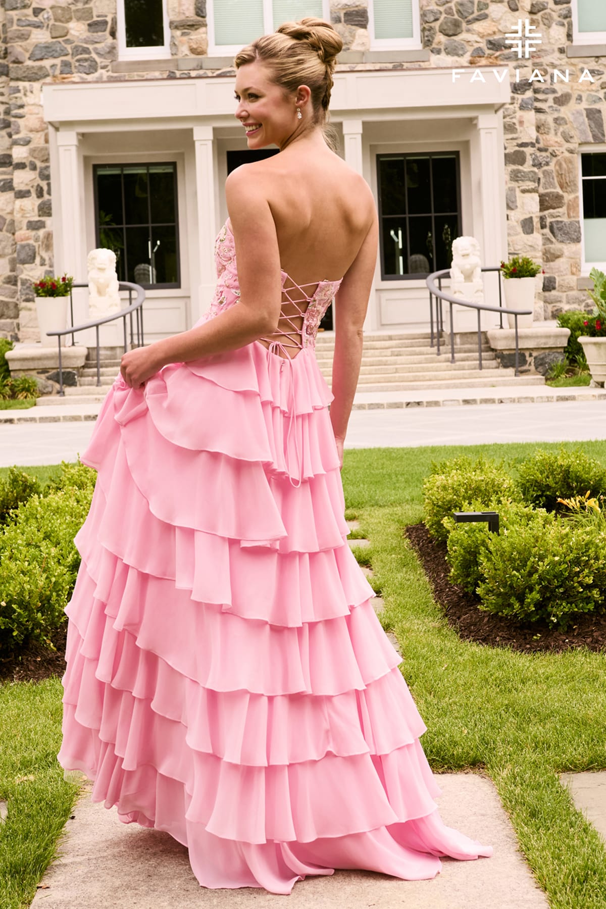 Strapless Tiered Gown With Multicolored Floral Appliqué | 11675