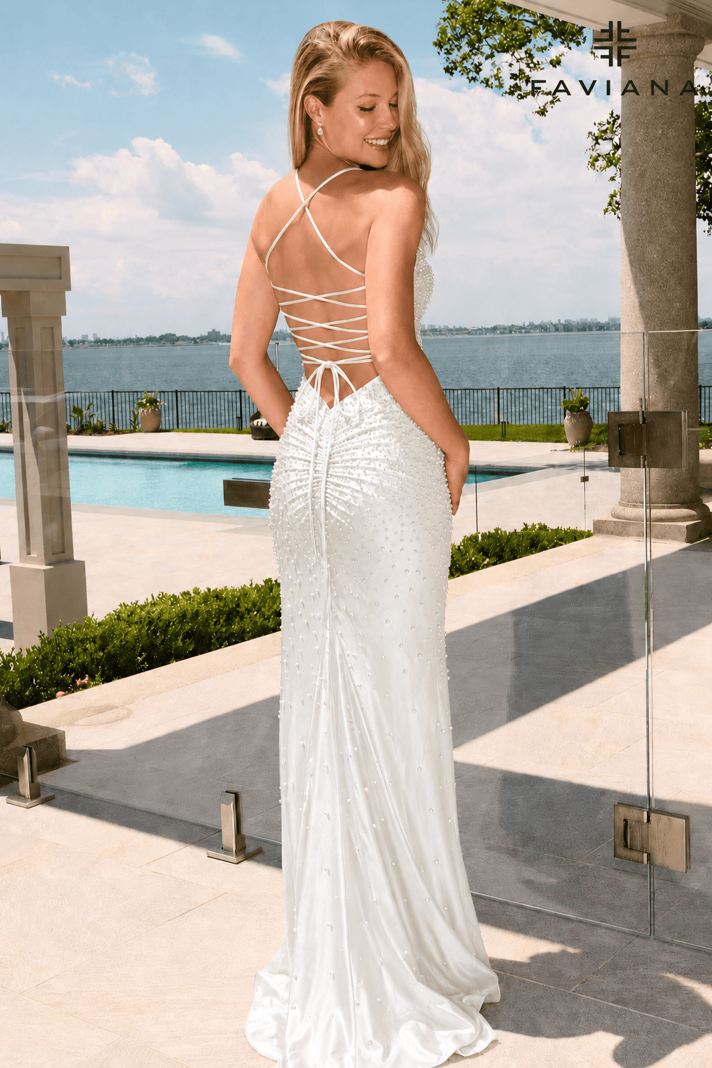 White Strappy Lace Up V-Neck Long Prom Dress With Pearls | 11610