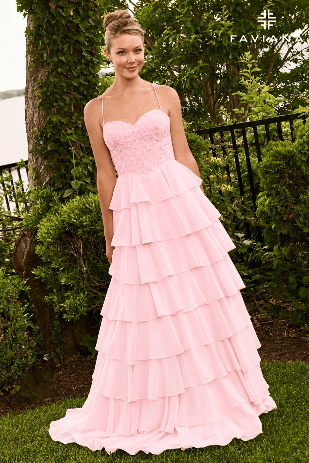 Sweetheart Lace Corset Chiffon Gown With Tiered Skirt | 11665