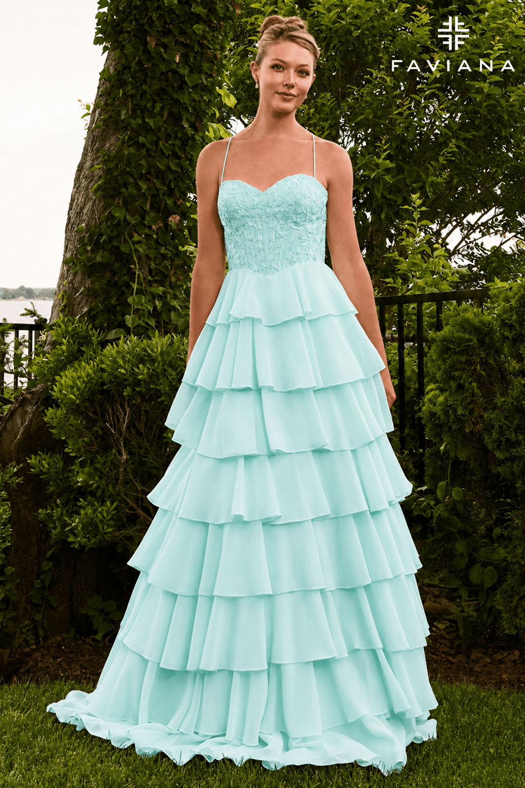 Sweetheart Lace Corset Chiffon Gown With Tiered Skirt | 11665