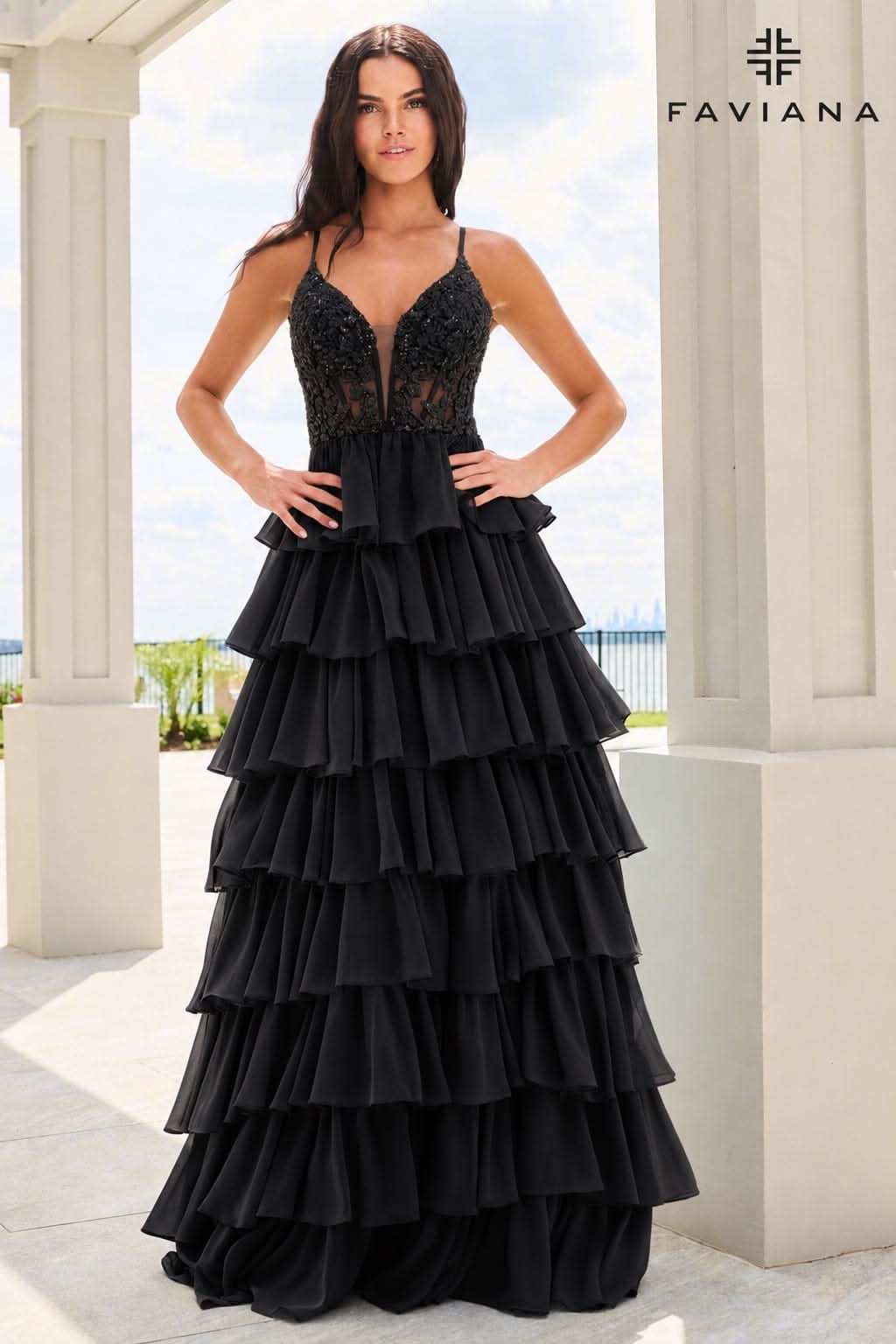 Tiered Chiffon Gown With Beaded Lace Corset | 11603