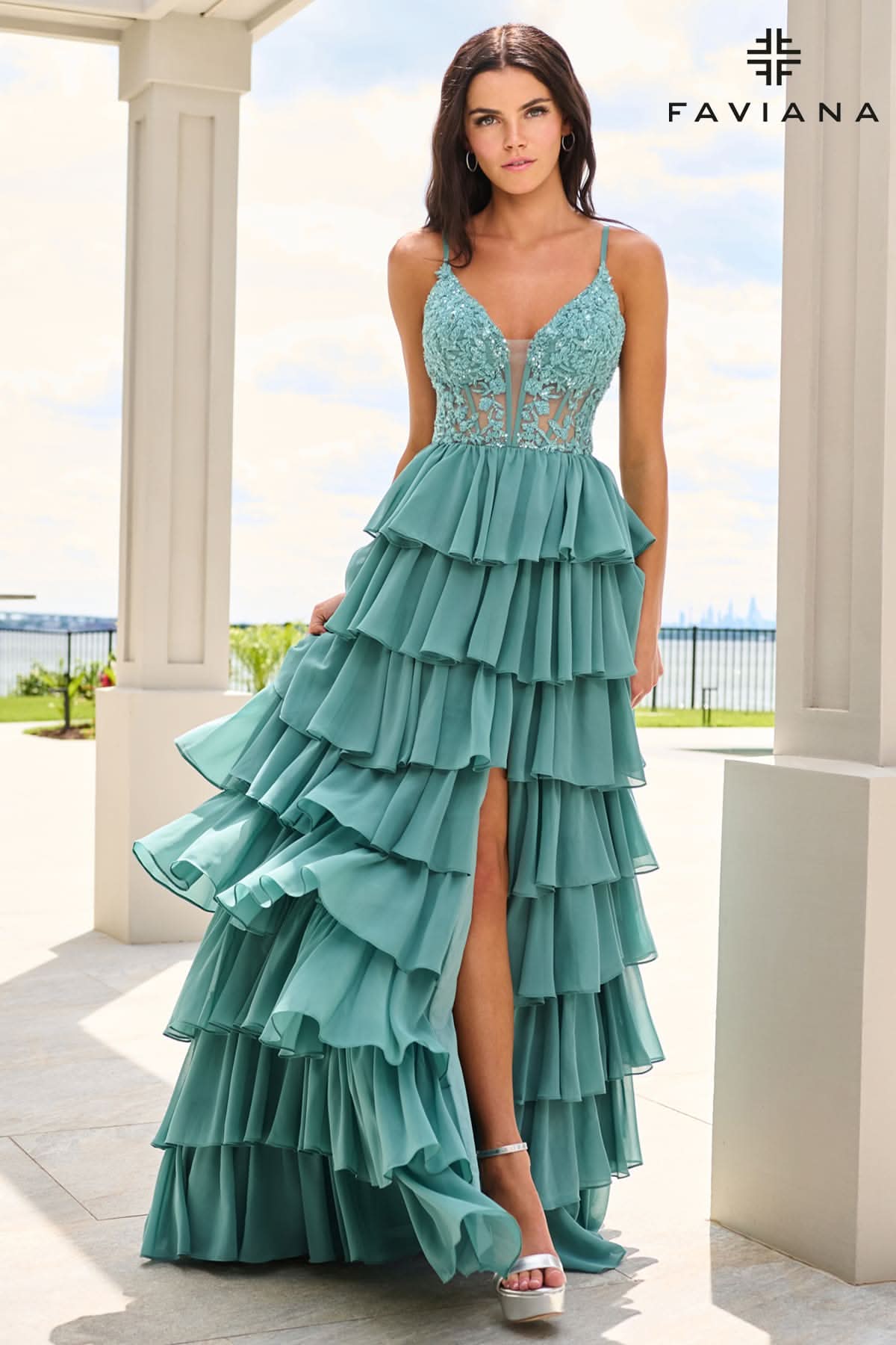 Dark Pacific Blue Tiered Chiffon Gown With Beaded Lace Corset | 11603