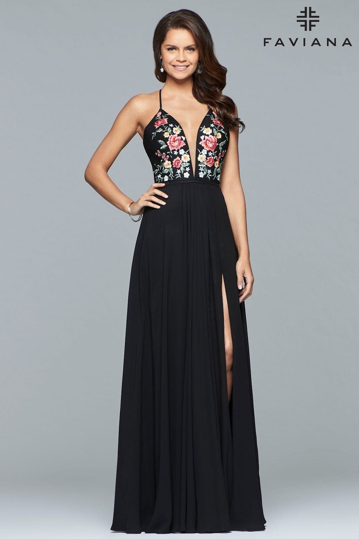 V Neck Long Chiffon Dress With Floral Embroidered Bodice