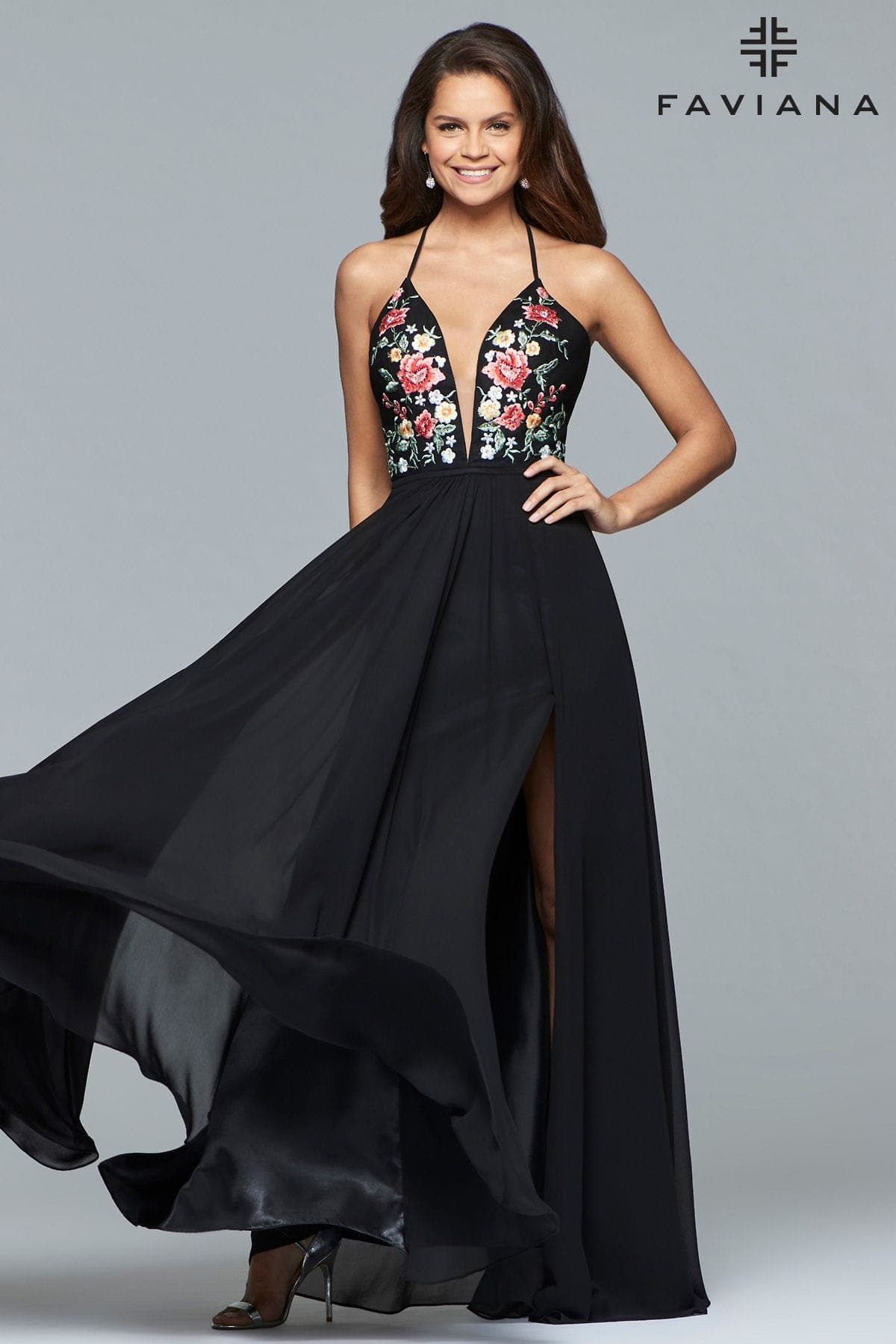 V Neck Long Chiffon Dress With Floral Embroidered Bodice
