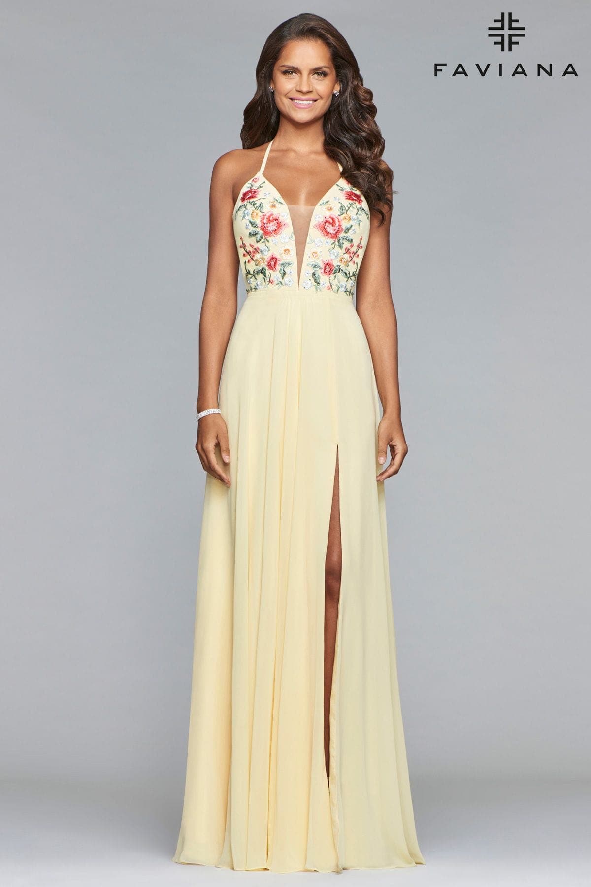 V Neck Long Chiffon Dress With Floral Embroidered Bodice | Faviana V Neck Long Chiffon Dress With Floral Embroidered Bodice | Faviana