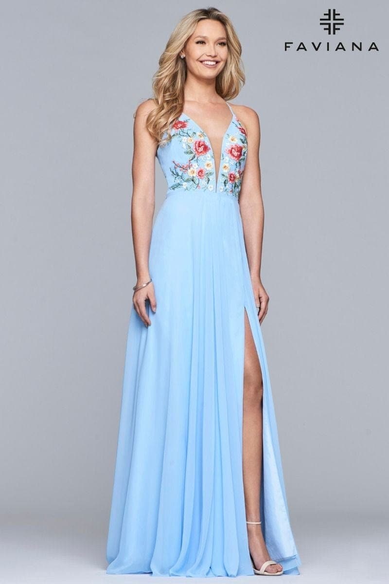 V Neck Long Chiffon Dress With Floral Embroidered Bodice | Faviana V Neck Long Chiffon Dress With Floral Embroidered Bodice | Faviana