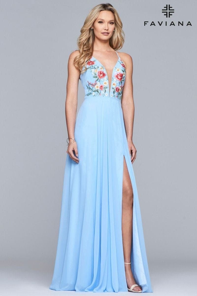 V Neck Long Chiffon Dress With Floral Embroidered Bodice | Faviana V Neck Long Chiffon Dress With Floral Embroidered Bodice | Faviana