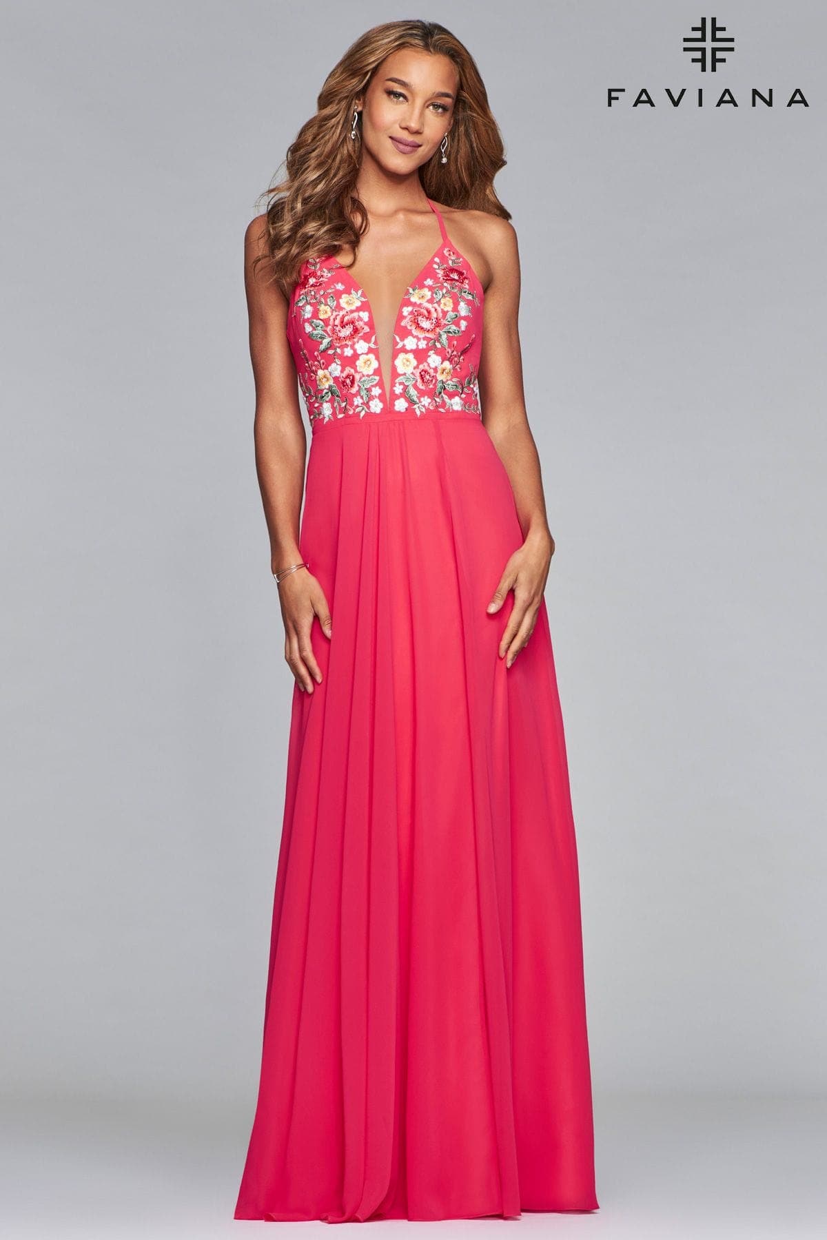 V Neck Long Chiffon Dress With Floral Embroidered Bodice | Faviana V Neck Long Chiffon Dress With Floral Embroidered Bodice | Faviana