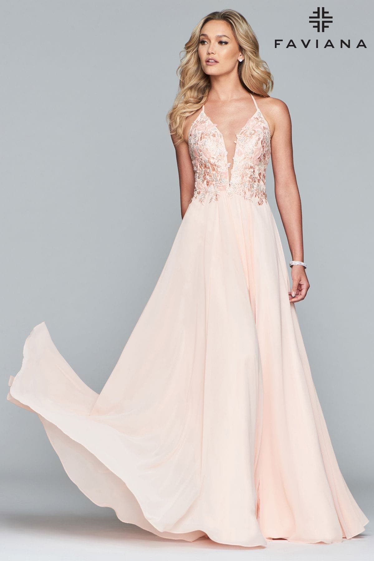 Deep V Neck Long Dress With Chiffon And Applique Bodice
