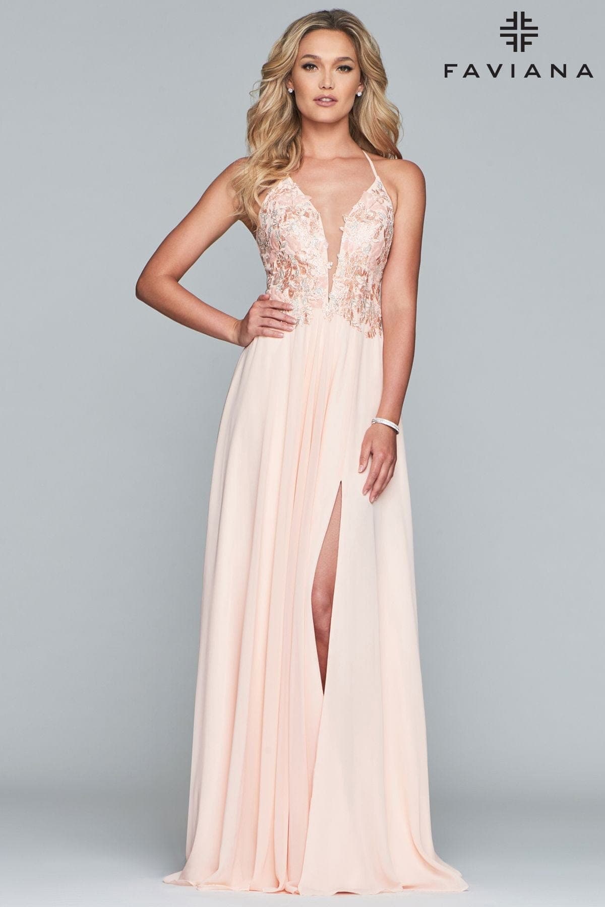 Deep V Neck Long Dress With Chiffon And Applique Bodice