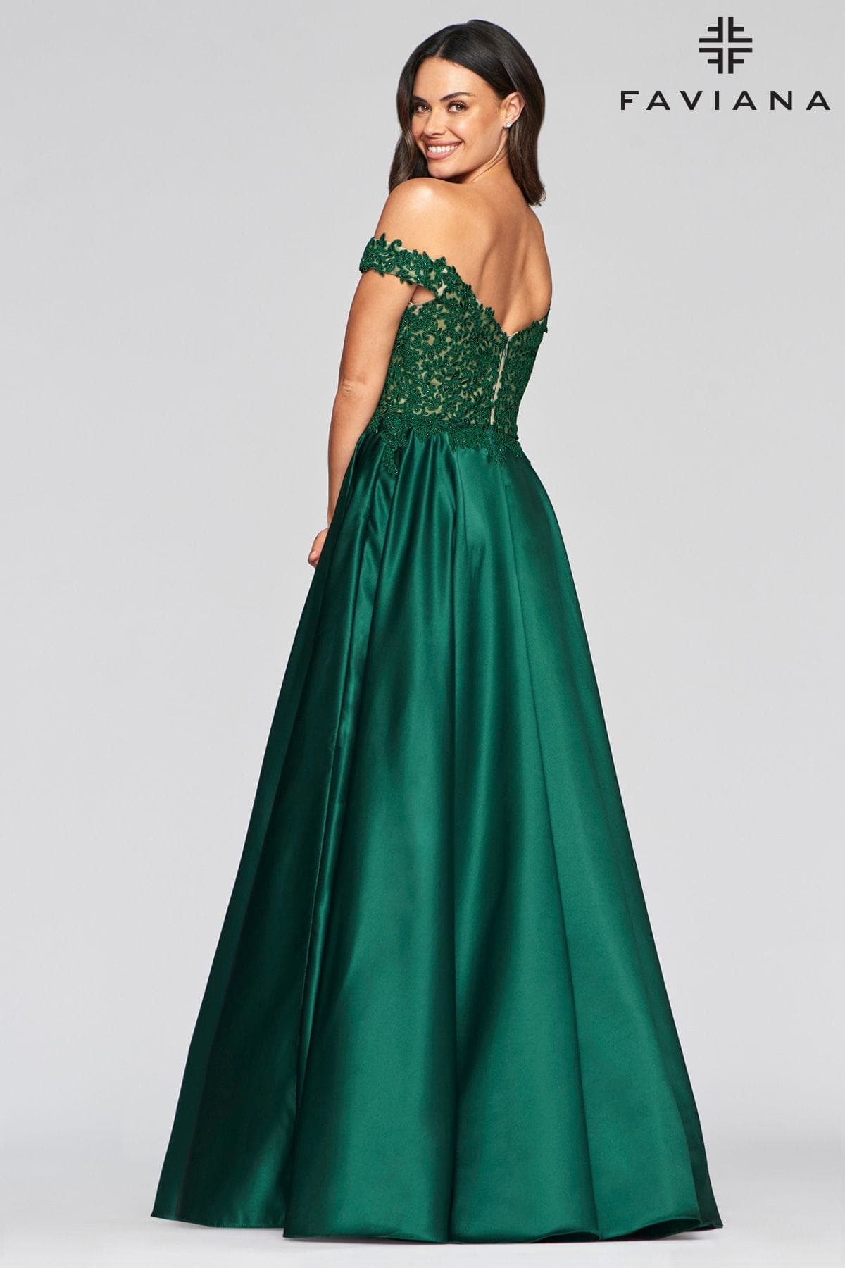 Off The Shoulder Ballgown Dress With Satin Skirt And Lace Bodice