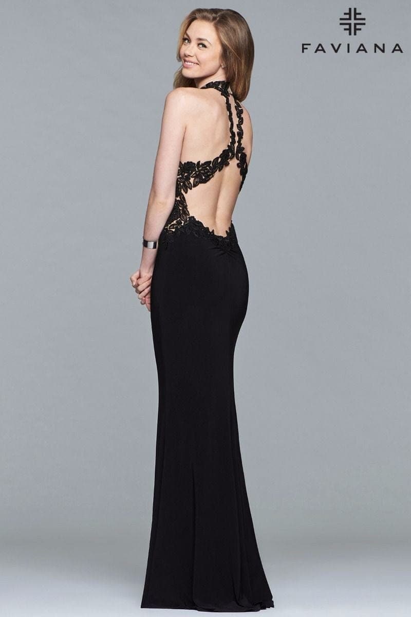 Jersey Halter Evening Dress With Lace Applique Bodice And Choker