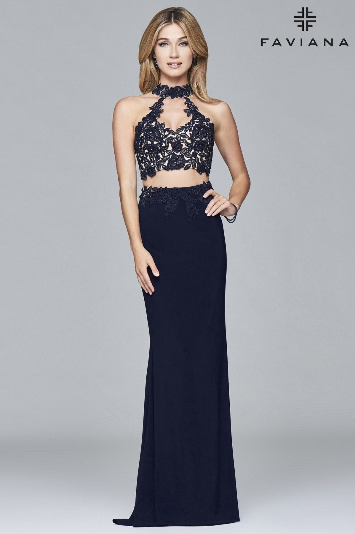 navy blue lace two piece dress Elegant 2 Piece Navy Blue Evening Dresses 2020 A-Line / Princess Scoop Neck Pearl Lace Flower 3/4 Sleeve Floor-Length / Long Formal Dresses