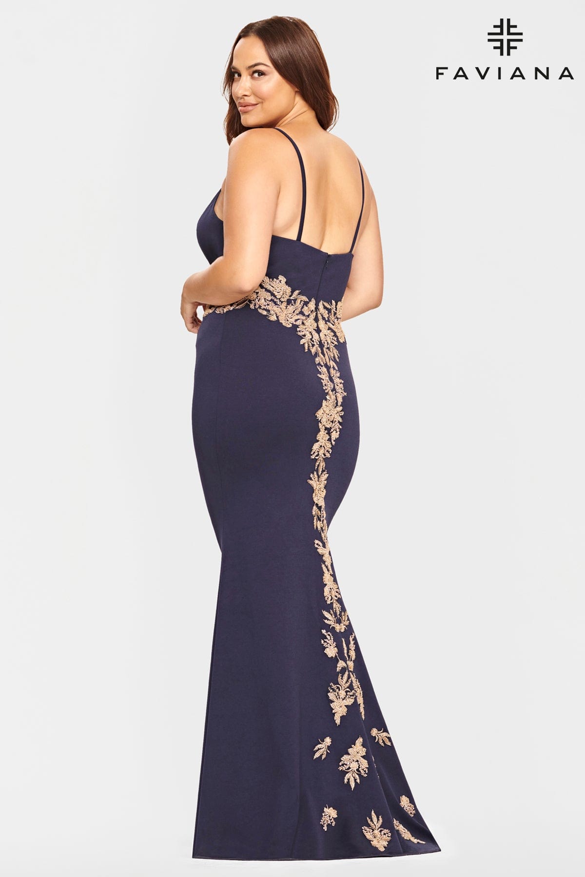 Plus Size Jersey Long Dress With Beaded Lace Applique
