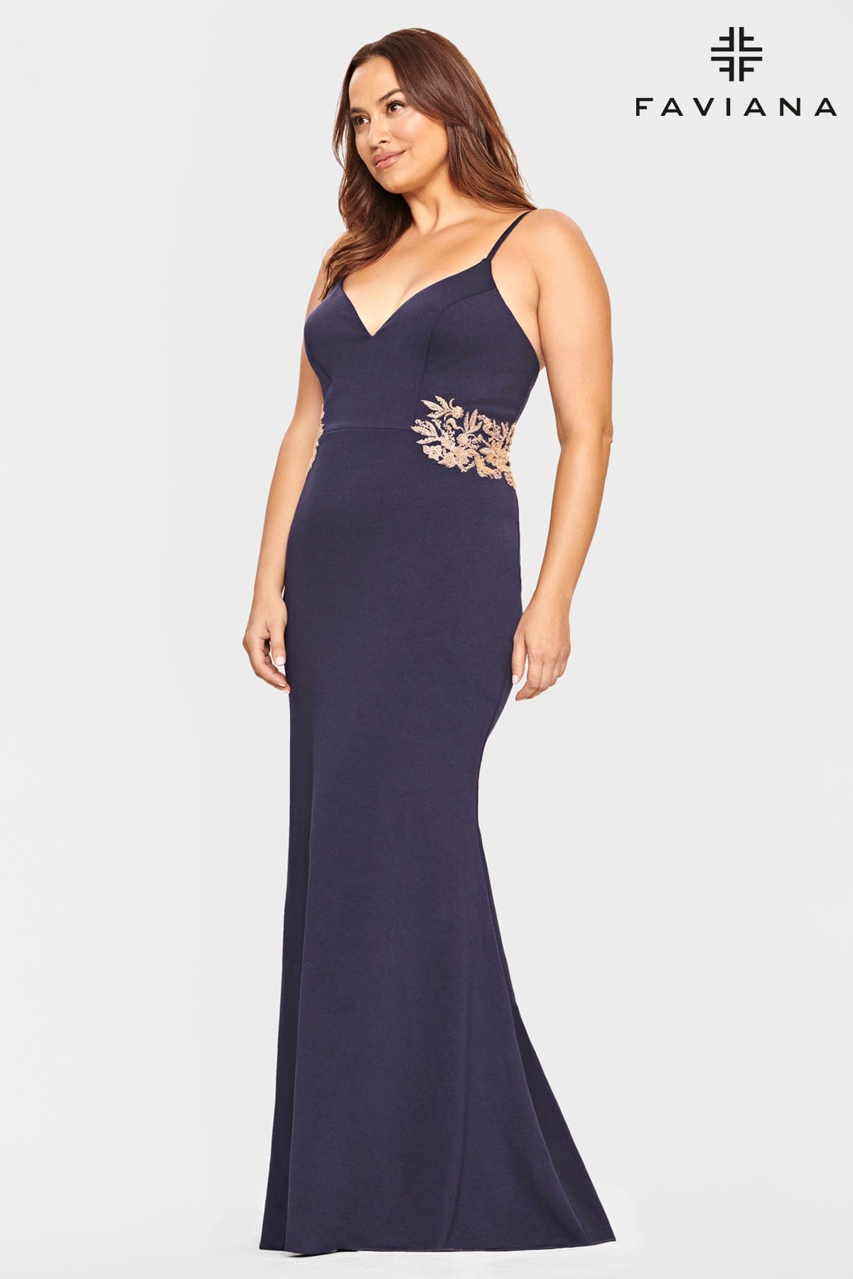 Plus Size Jersey Long Dress With Beaded Lace Applique