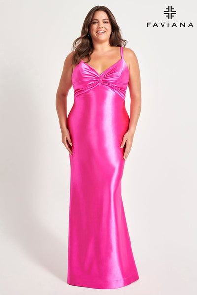 Stretch Satin Hot Pink Plus Size Prom Dress With Knot Detailing