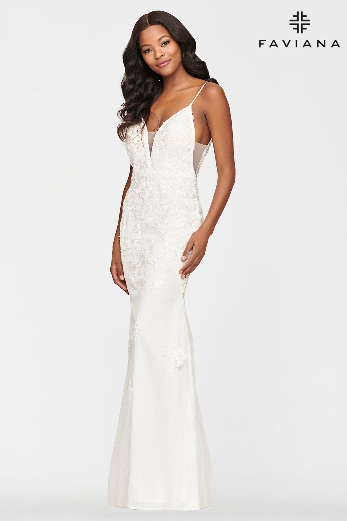 Deep V Neck Floral Beaded Prom Dress With Mesh Panels | Faviana Deep V Neck Floral Beaded Prom Dress With Mesh Panels | Faviana