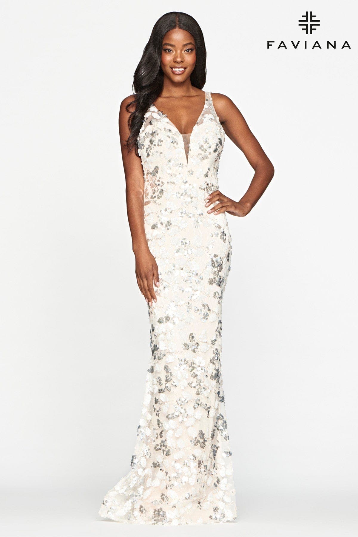 Long V-Neck Sequin-Pattern Prom Dress