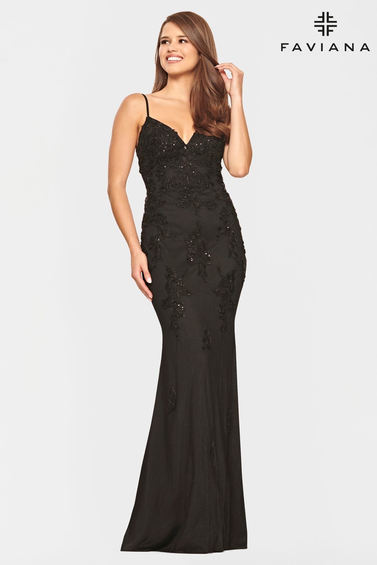 Beaded Lace Long V Neck Dress With Open Back