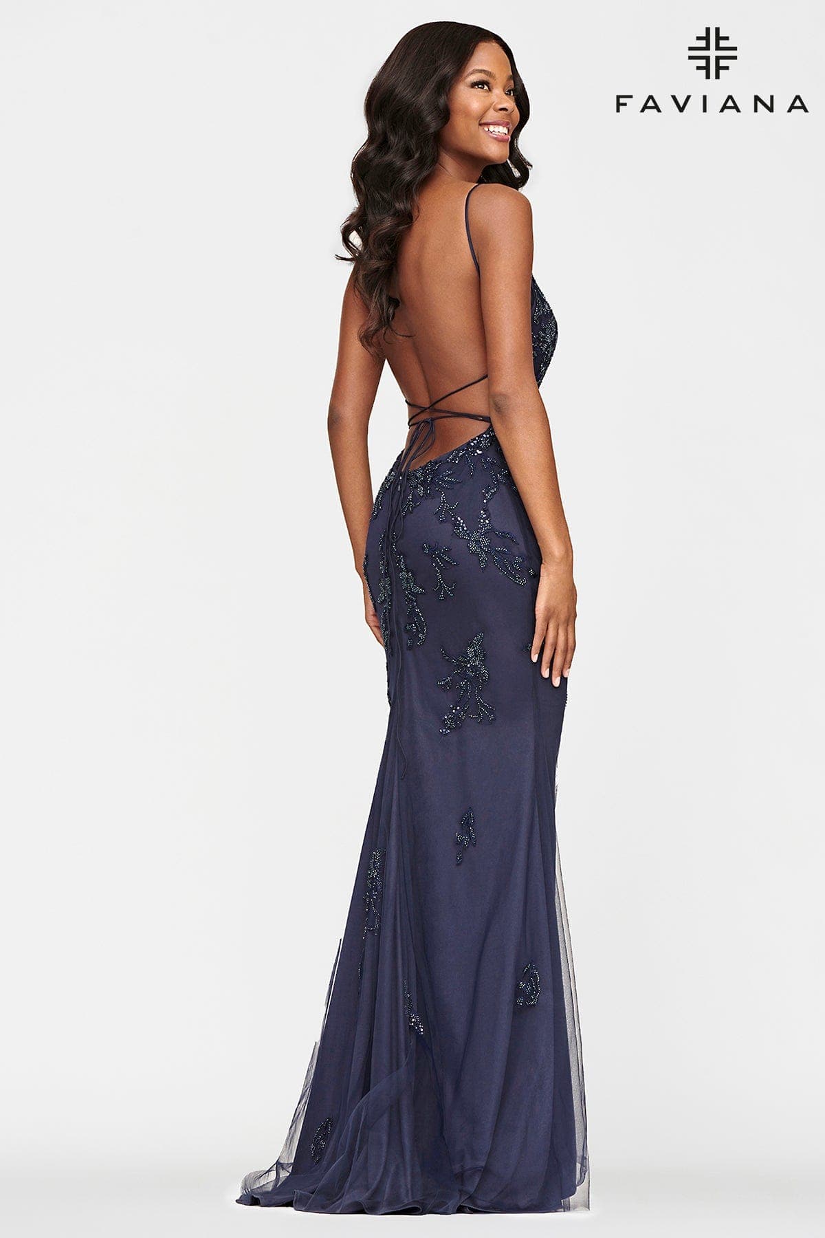 Beaded Lace Long V Neck Dress With Open Back | S10633