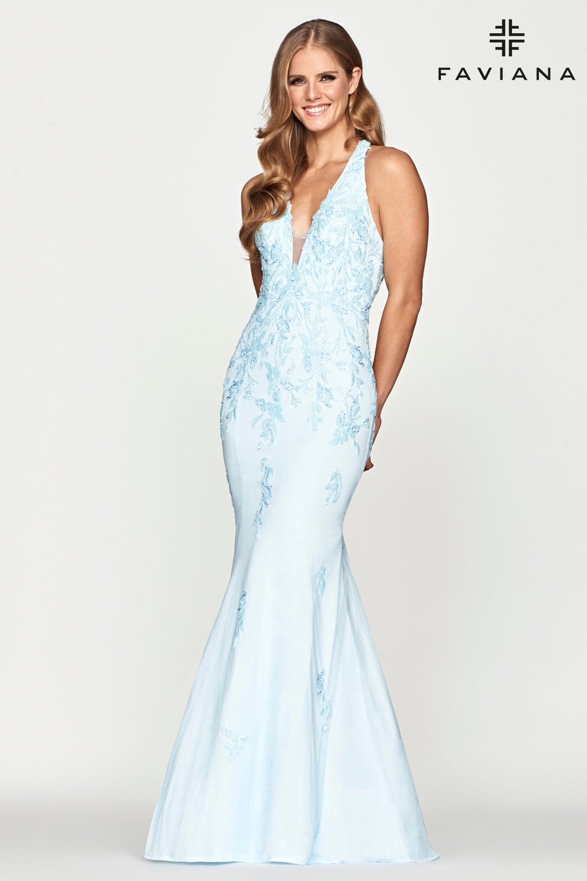 Long Beaded Formal Dress With Deep V Neck And Mermaid Skirt