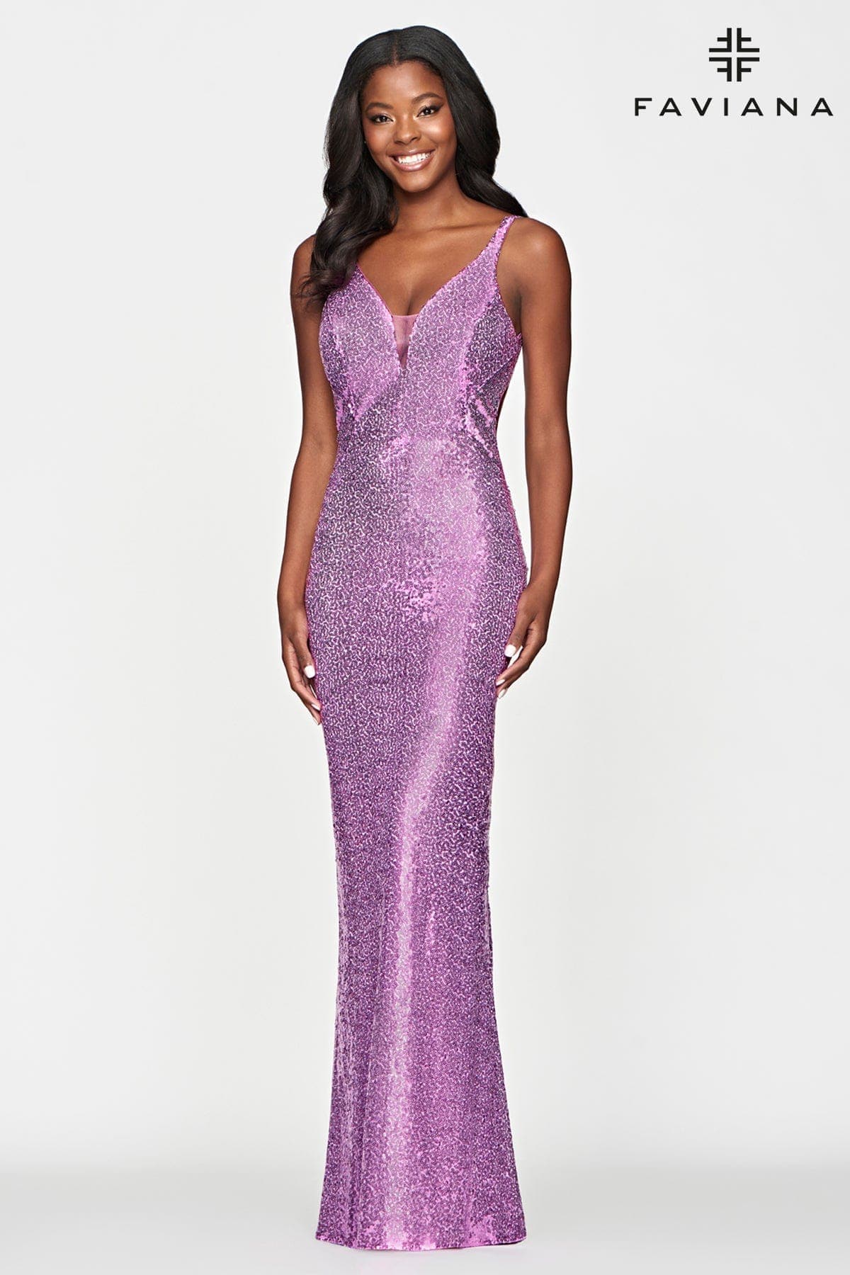 Long V Neck Sequin Dress With Open Back | Faviana
