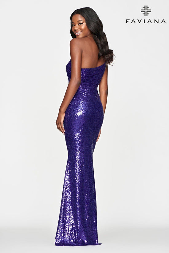 One Shoulder Sequin Dress With Side Ruching | Faviana