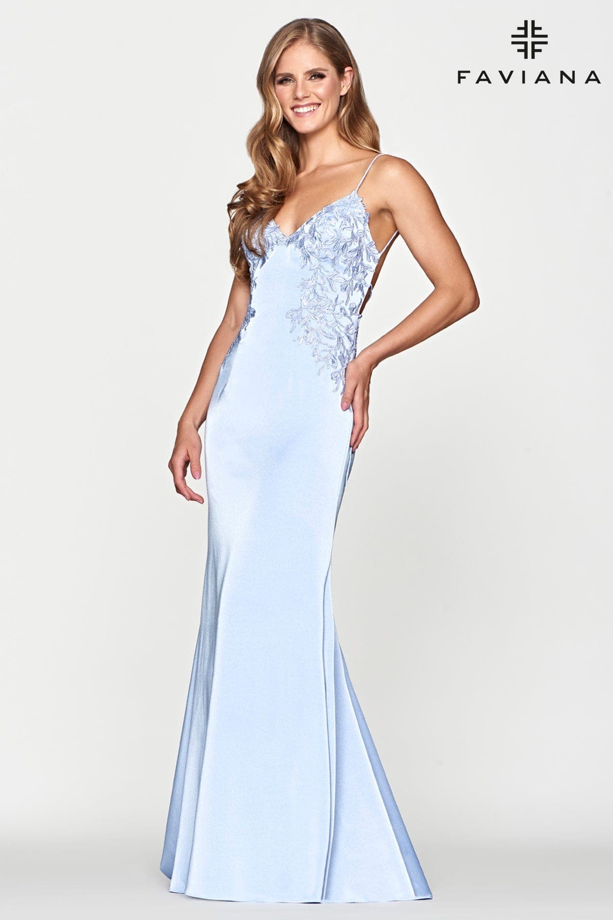 Lace Applique V Neck Prom Dress With Lace Up Back | Faviana