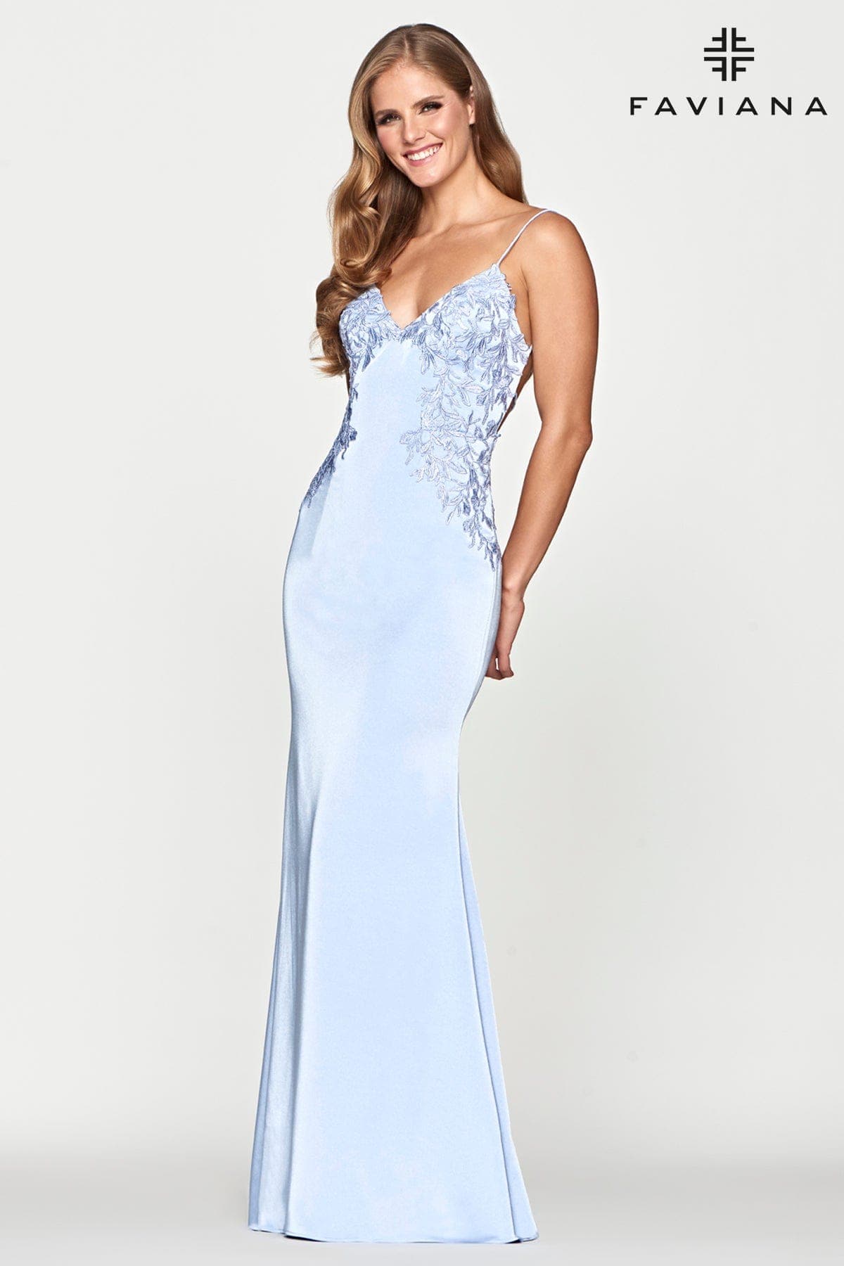 Lace Applique V Neck Prom Dress With Lace Up Back | Faviana