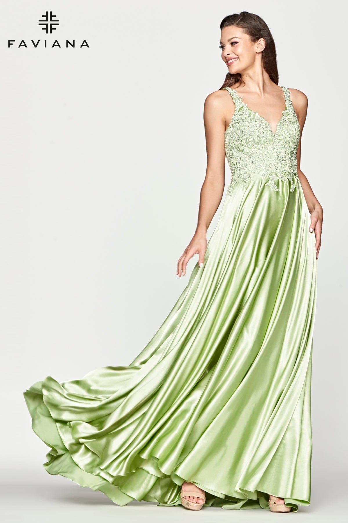 Long Charmeuse Dress With V Cut Back And Embroidered Bodice