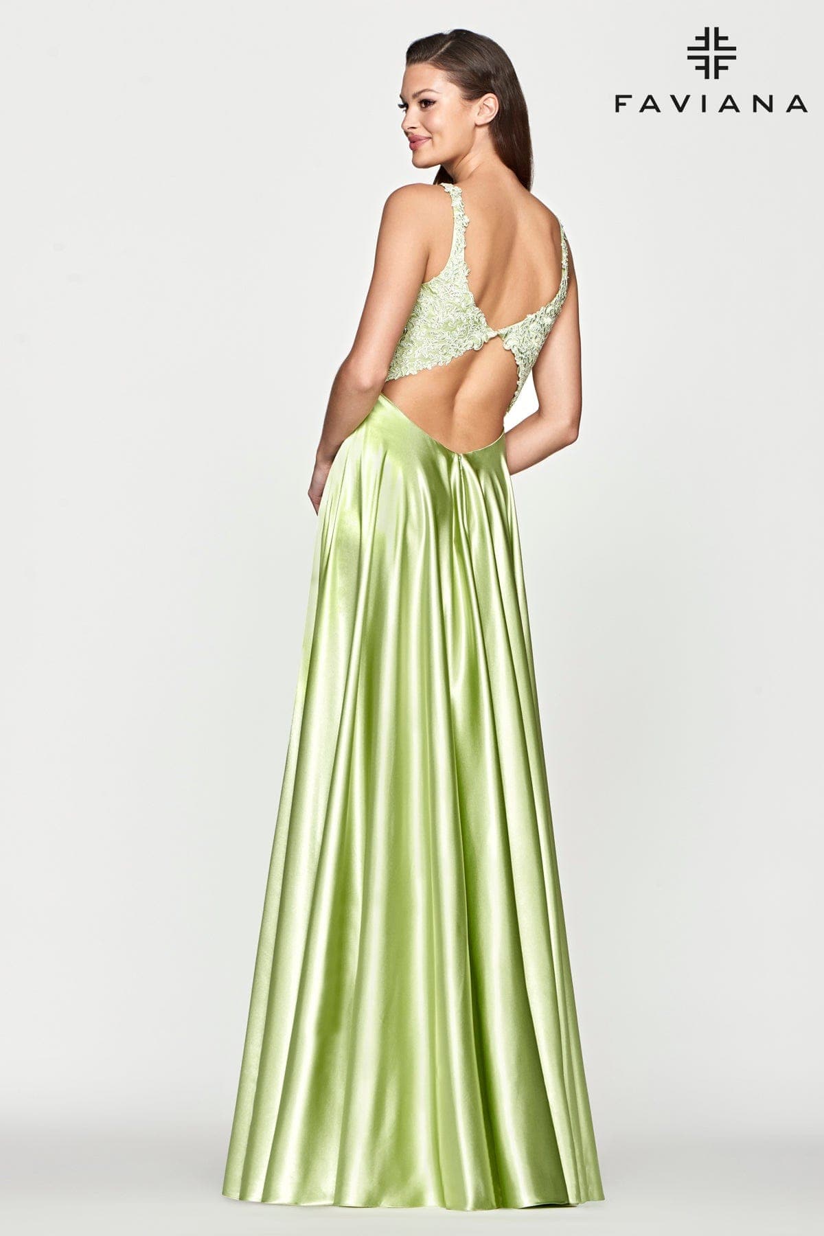 Long Charmeuse Dress With V Cut Back And Embroidered Bodice