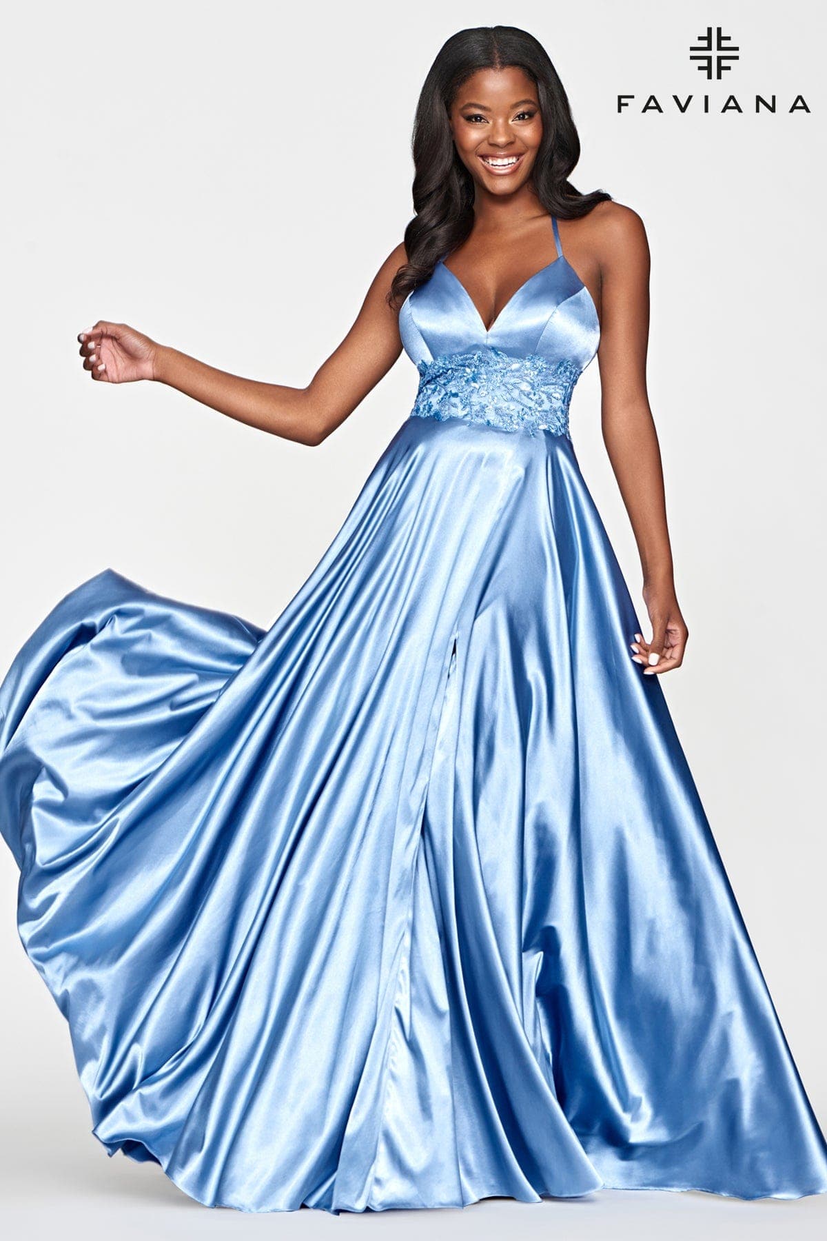 Long V Neck Prom Dress With Lace Embroidery And Ballgown Skirt | Faviana