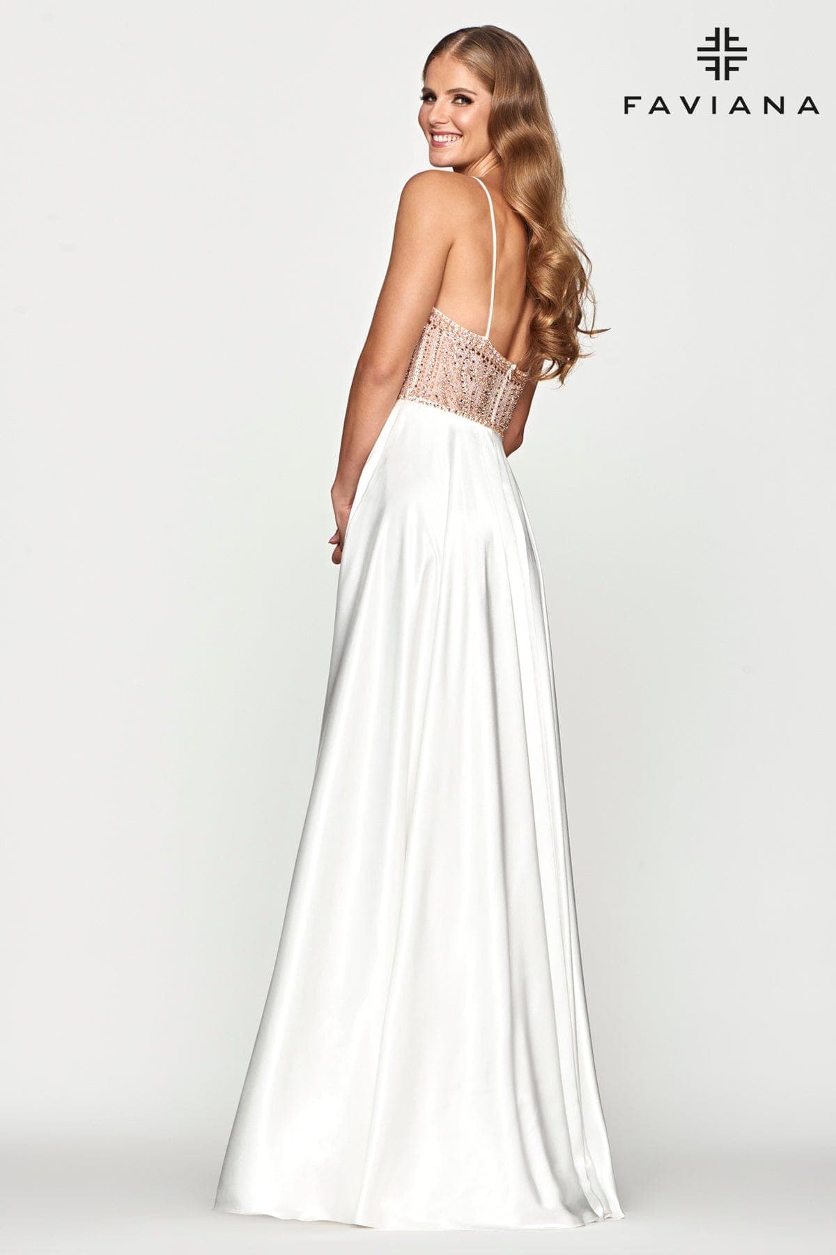 Long Charmeuse Dress With Corset Bodice And Scoop Neckline