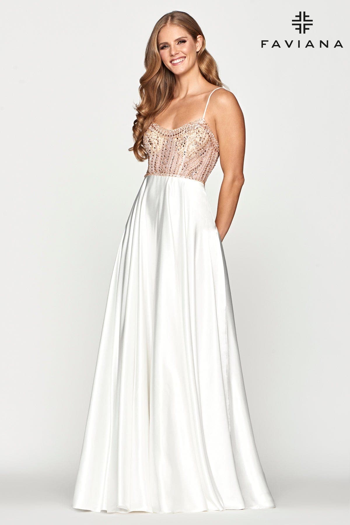 Long Charmeuse Dress With Corset Bodice And Scoop Neckline