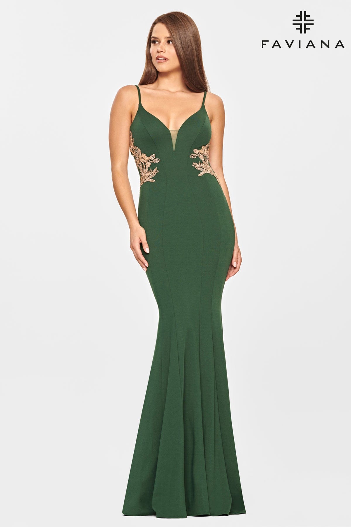 Jersey Long Dress With Beaded Lace Applique And Open Back