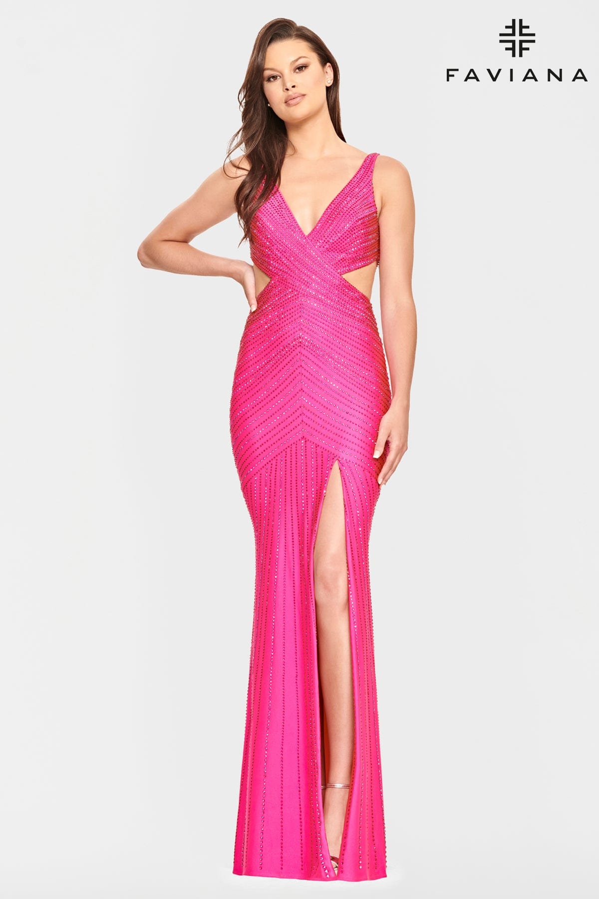 V Neck Prom Dress With Patterned Beading And Side Cutouts