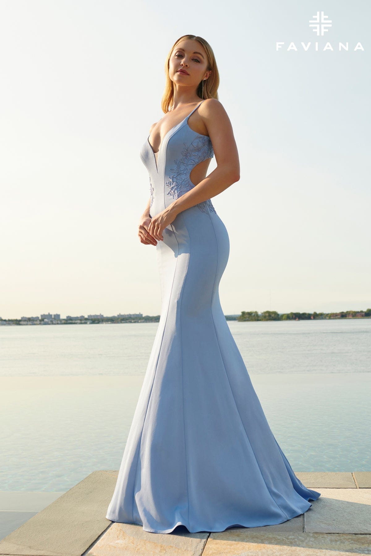 Long Lace Applique Dress With Open Back And Long Skirt