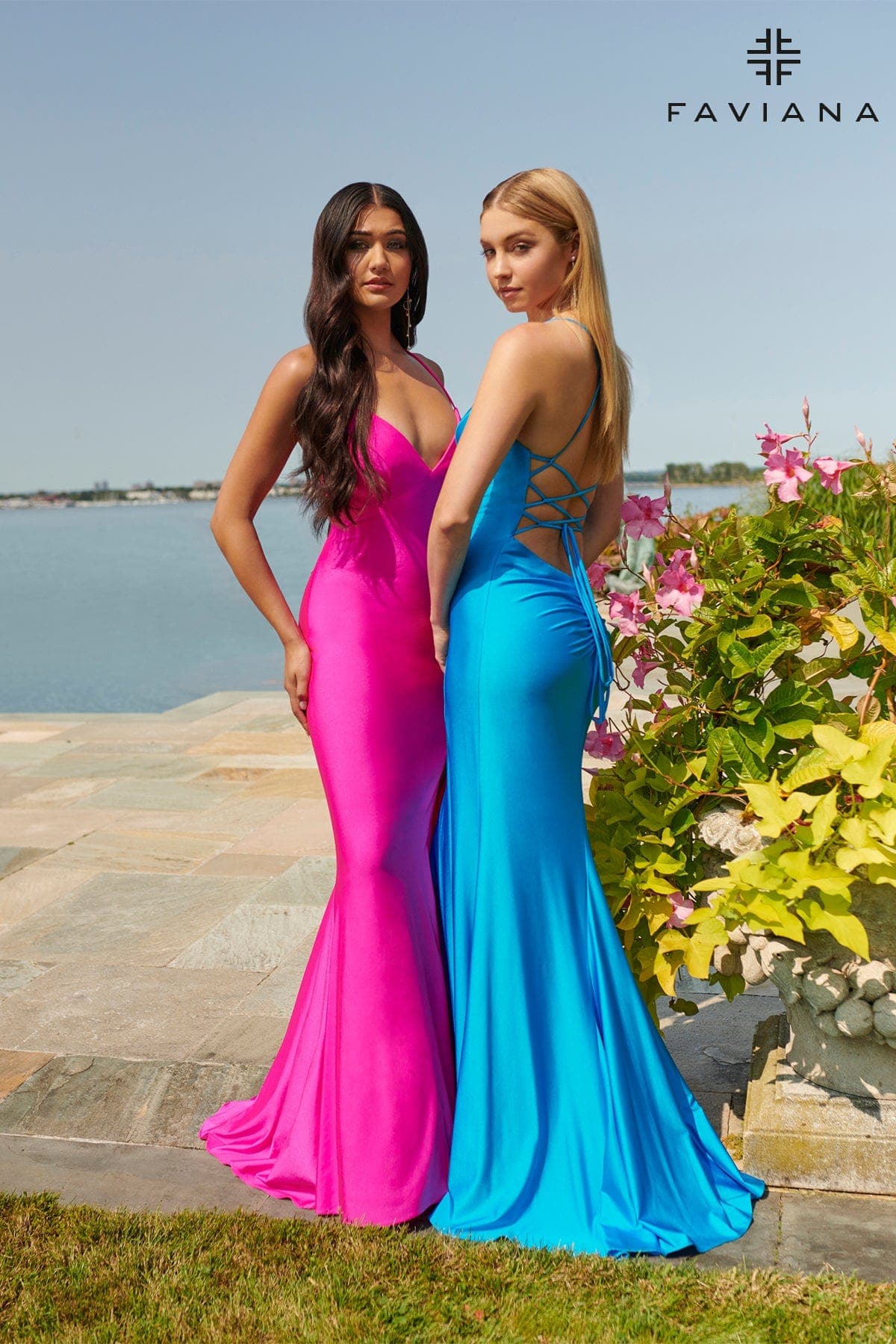 V Neckline Prom Dress With Stretch Fabric And Corset Back | Faviana V Neckline Prom Dress With Stretch Fabric And Corset Back | Faviana